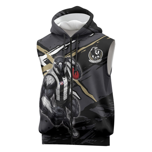 Collingwood Football Club Sleeveless Zip Hoodie Magpies Muscular Mascot Graphic - Abstract Paint Splatter Art
