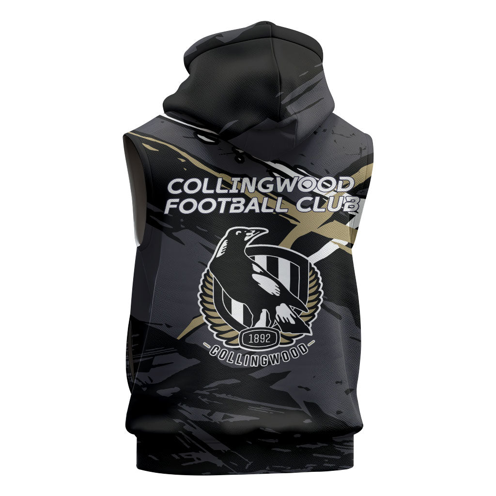 Collingwood Football Club Sleeveless Zip Hoodie Magpies Muscular Mascot Graphic - Abstract Paint Splatter Art