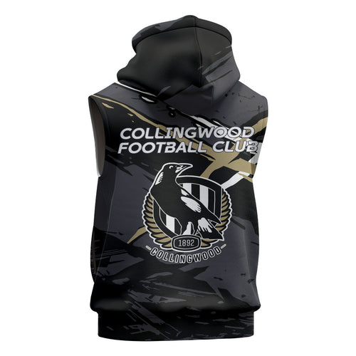 Collingwood Football Club Sleeveless Zip Hoodie Magpies Muscular Mascot Graphic - Abstract Paint Splatter Art