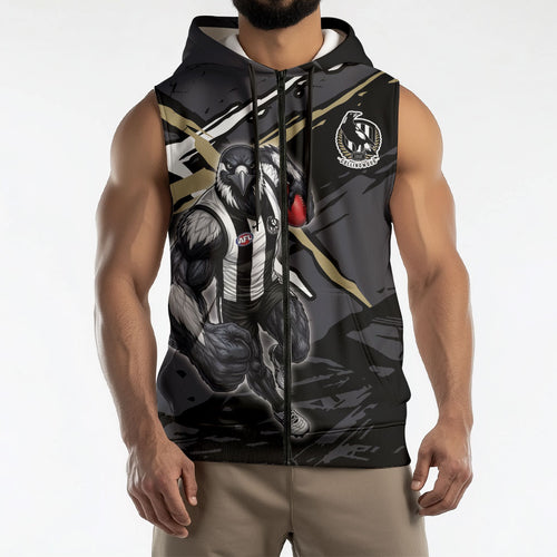Collingwood Football Club Sleeveless Zip Hoodie Magpies Muscular Mascot Graphic - Abstract Paint Splatter Art