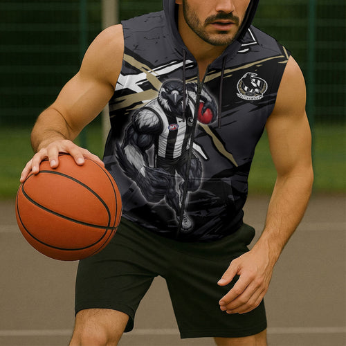 Collingwood Football Club Sleeveless Zip Hoodie Magpies Muscular Mascot Graphic - Abstract Paint Splatter Art