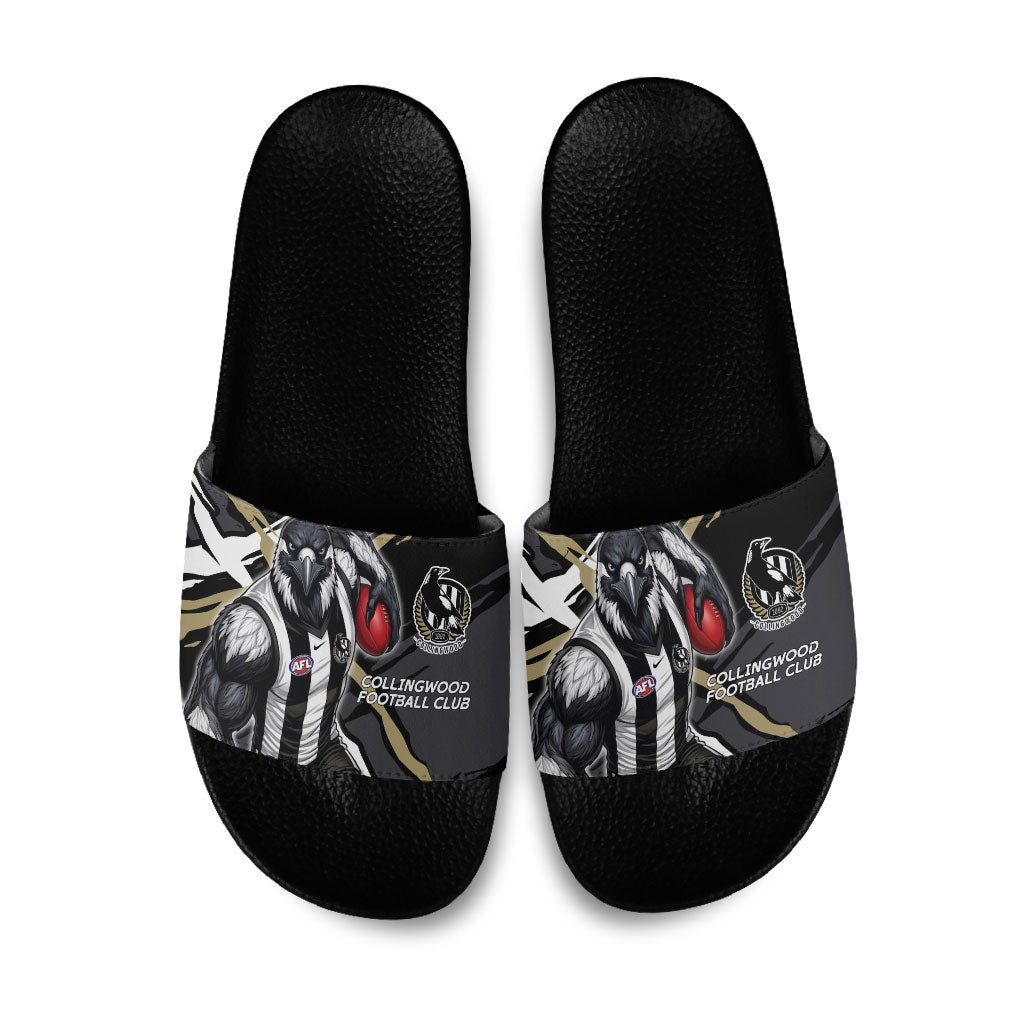 Collingwood Football Club Slide Sandals Magpies Muscular Mascot Graphic - Abstract Paint Splatter Art