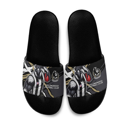 Collingwood Football Club Slide Sandals Magpies Muscular Mascot Graphic - Abstract Paint Splatter Art