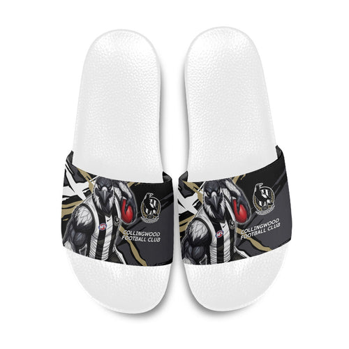 Collingwood Football Club Slide Sandals Magpies Muscular Mascot Graphic - Abstract Paint Splatter Art