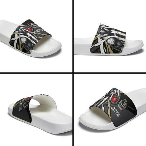 Collingwood Football Club Slide Sandals Magpies Muscular Mascot Graphic - Abstract Paint Splatter Art