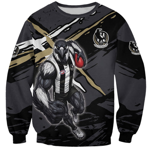 Collingwood Football Club Sweatshirt Magpies Muscular Mascot Graphic - Abstract Paint Splatter Art