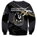 Collingwood Football Club Sweatshirt Magpies Muscular Mascot Graphic - Abstract Paint Splatter Art