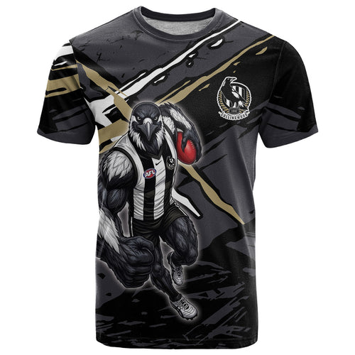Collingwood Football Club T Shirt Magpies Muscular Mascot Graphic - Abstract Paint Splatter Art