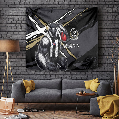 Collingwood Football Club Tapestry Magpies Muscular Mascot Graphic - Abstract Paint Splatter Art