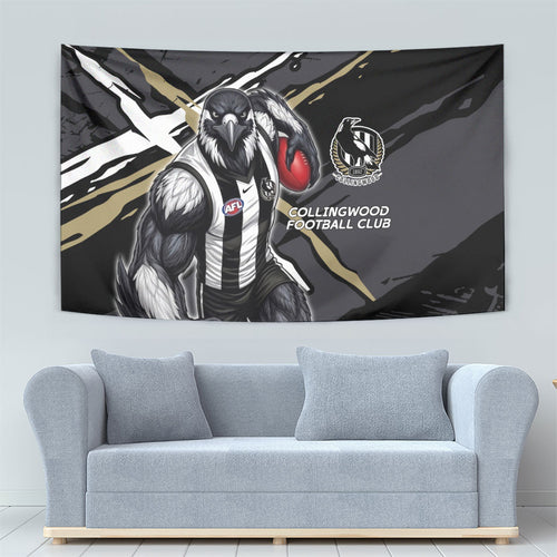 Collingwood Football Club Tapestry Magpies Muscular Mascot Graphic - Abstract Paint Splatter Art