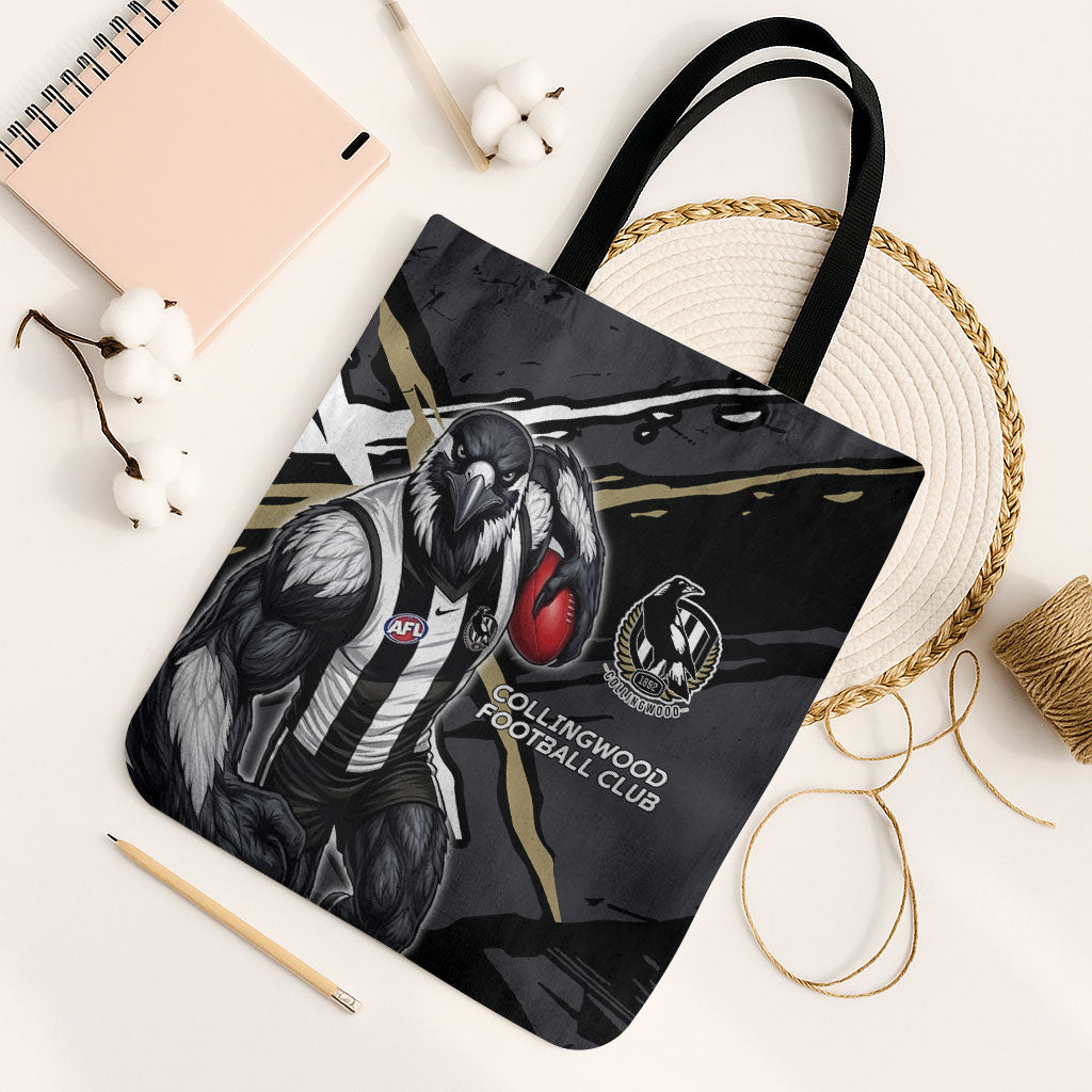 Collingwood Football Club Tote Bag Magpies Muscular Mascot Graphic - Abstract Paint Splatter Art