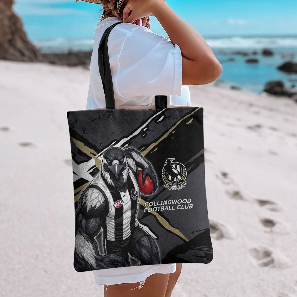 Collingwood Football Club Tote Bag Magpies Muscular Mascot Graphic - Abstract Paint Splatter Art