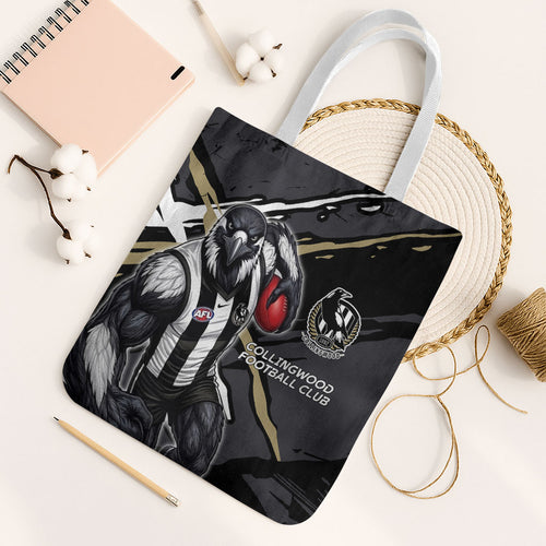 Collingwood Football Club Tote Bag Magpies Muscular Mascot Graphic - Abstract Paint Splatter Art