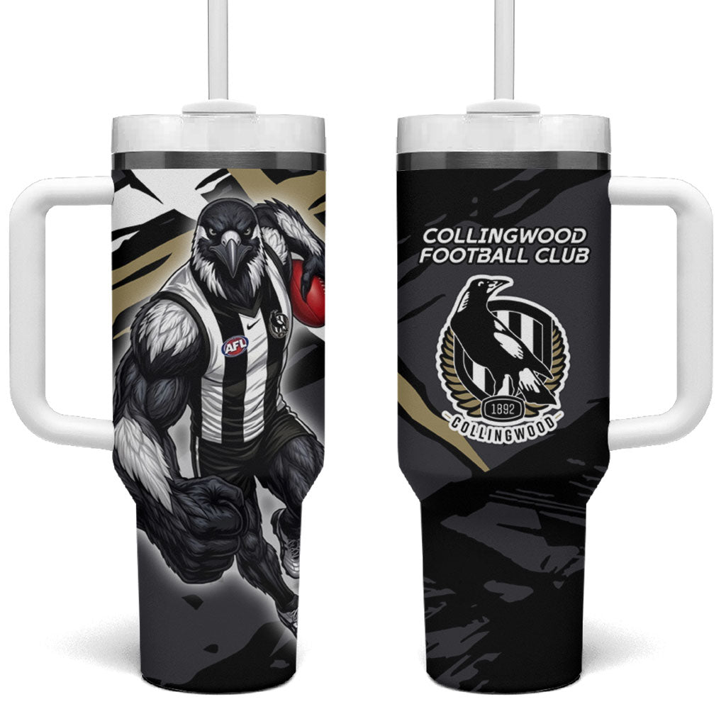 Collingwood Football Club Tumbler With Handle Magpies Muscular Mascot Graphic - Abstract Paint Splatter Art