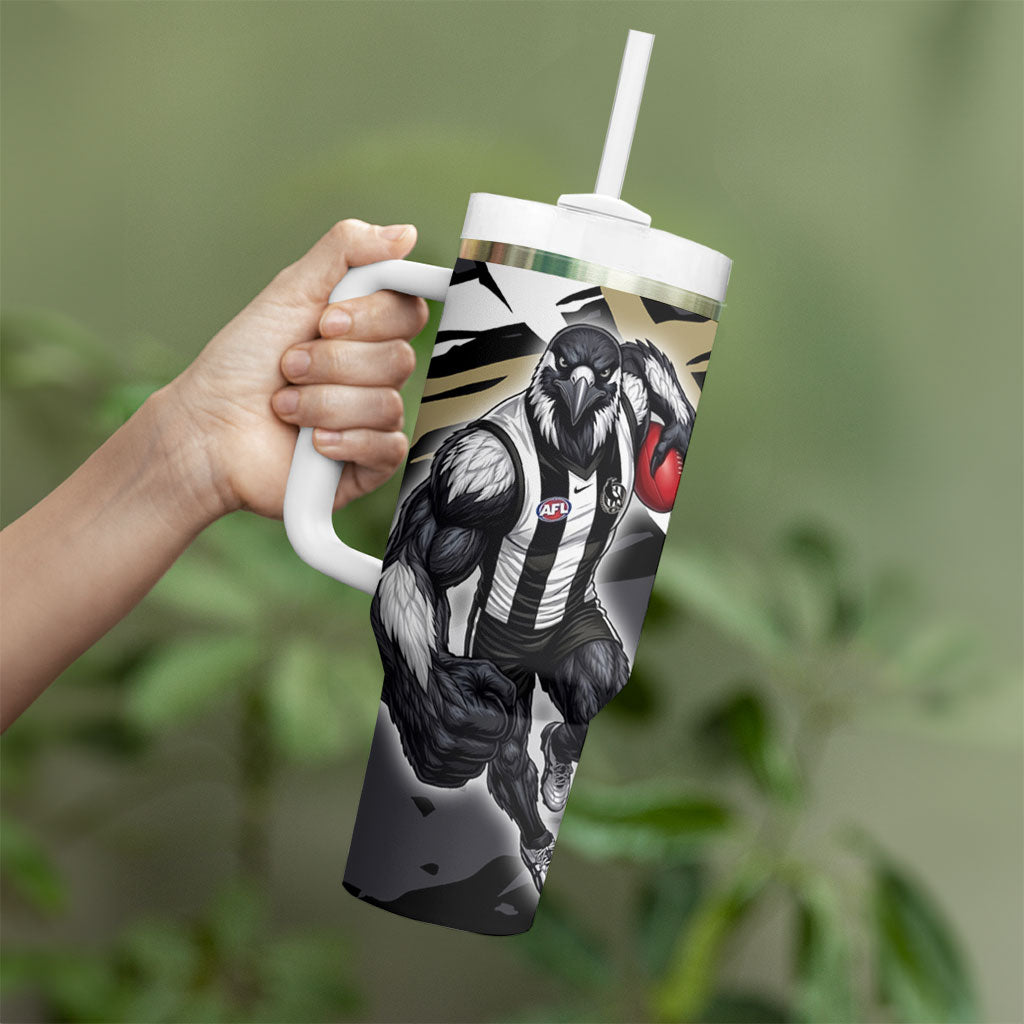 Collingwood Football Club Tumbler With Handle Magpies Muscular Mascot Graphic - Abstract Paint Splatter Art