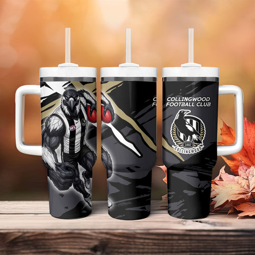 Collingwood Football Club Tumbler With Handle Magpies Muscular Mascot Graphic - Abstract Paint Splatter Art