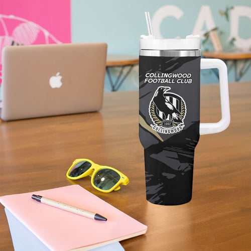 Collingwood Football Club Tumbler With Handle Magpies Muscular Mascot Graphic - Abstract Paint Splatter Art