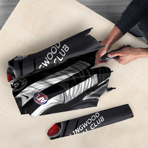 Collingwood Football Club Umbrella Magpies Muscular Mascot Graphic - Abstract Paint Splatter Art