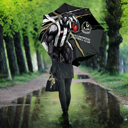 Collingwood Football Club Umbrella Magpies Muscular Mascot Graphic - Abstract Paint Splatter Art