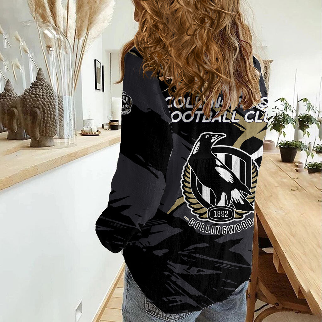 Collingwood Football Club Women Casual Shirt Magpies Muscular Mascot Graphic - Abstract Paint Splatter Art