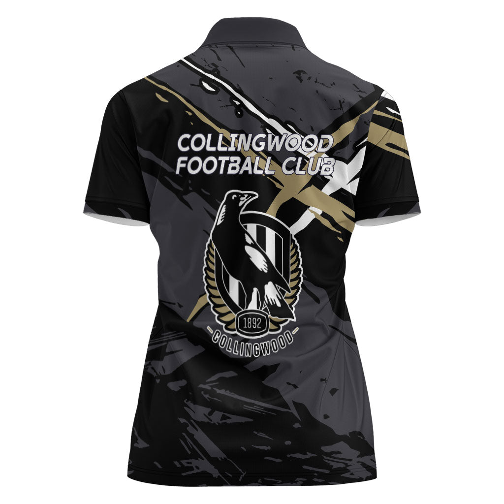 Collingwood Football Club Women Polo Shirt Magpies Muscular Mascot Graphic - Abstract Paint Splatter Art