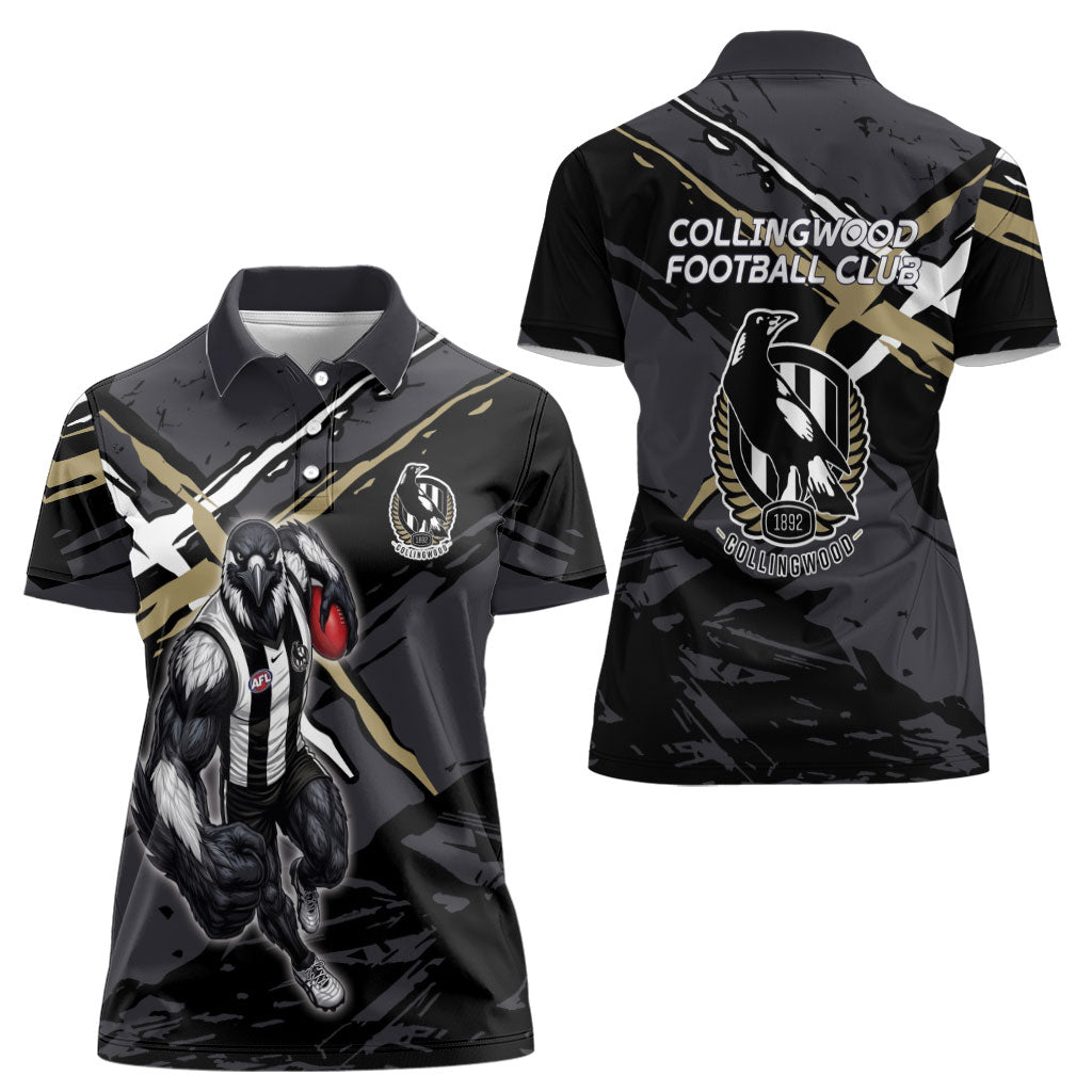 Collingwood Football Club Women Polo Shirt Magpies Muscular Mascot Graphic - Abstract Paint Splatter Art