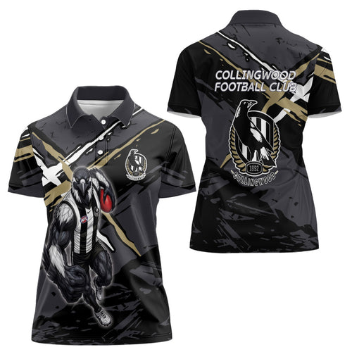 Collingwood Football Club Women Polo Shirt Magpies Muscular Mascot Graphic - Abstract Paint Splatter Art