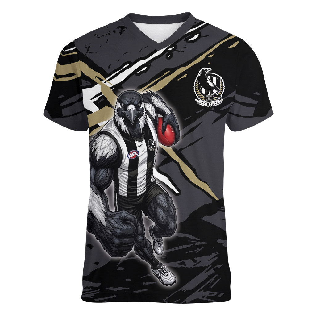Collingwood Football Club Women V-Neck T-Shirt Magpies Muscular Mascot Graphic - Abstract Paint Splatter Art