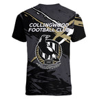 Collingwood Football Club Women V-Neck T-Shirt Magpies Muscular Mascot Graphic - Abstract Paint Splatter Art