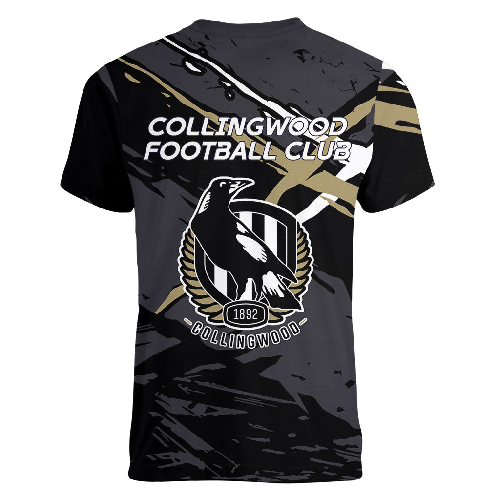 Collingwood Football Club Women V-Neck T-Shirt Magpies Muscular Mascot Graphic - Abstract Paint Splatter Art