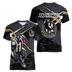 Collingwood Football Club Women V-Neck T-Shirt Magpies Muscular Mascot Graphic - Abstract Paint Splatter Art
