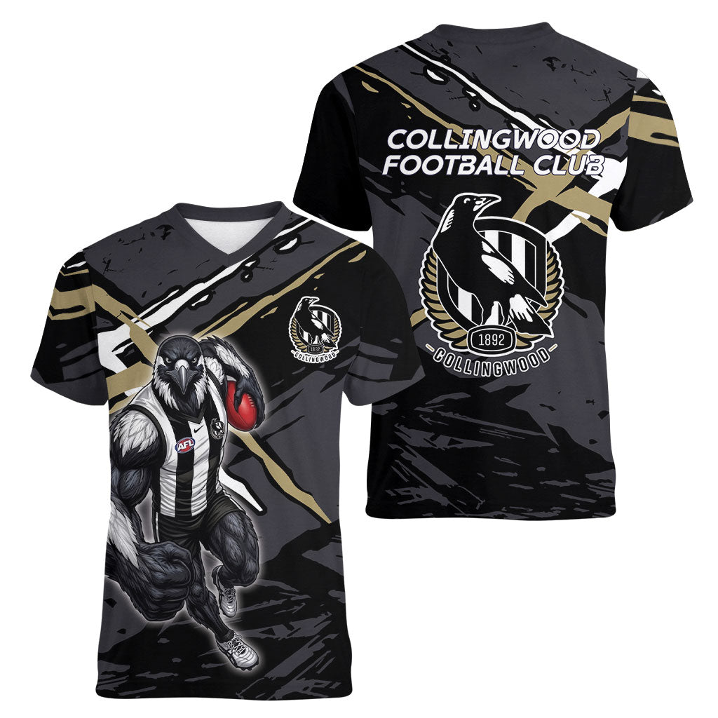 Collingwood Football Club Women V-Neck T-Shirt Magpies Muscular Mascot Graphic - Abstract Paint Splatter Art