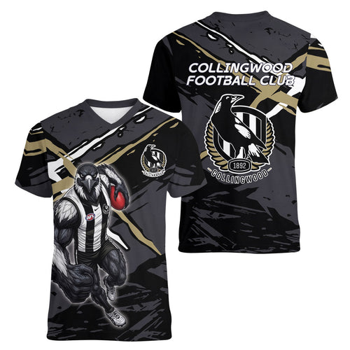 Collingwood Football Club Women V-Neck T-Shirt Magpies Muscular Mascot Graphic - Abstract Paint Splatter Art
