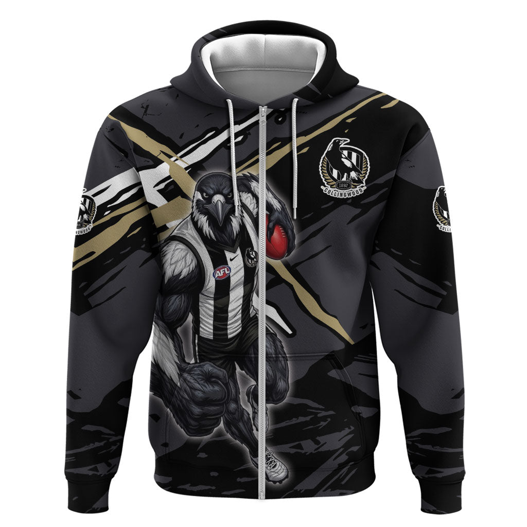 Collingwood Football Club Zip Hoodie Magpies Muscular Mascot Graphic - Abstract Paint Splatter Art