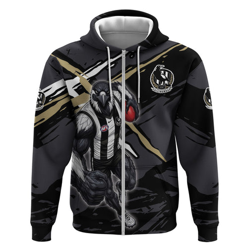 Collingwood Football Club Zip Hoodie Magpies Muscular Mascot Graphic - Abstract Paint Splatter Art