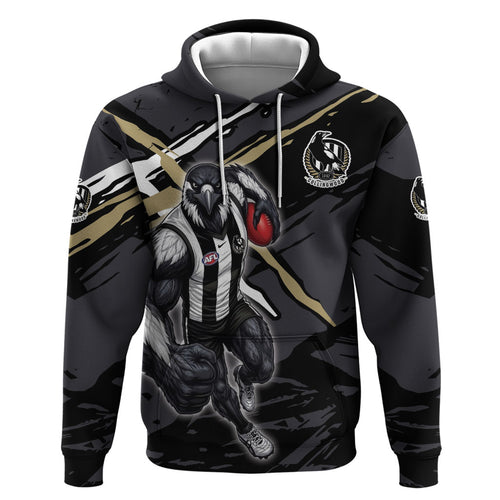 Collingwood Football Club Zip Hoodie Magpies Muscular Mascot Graphic - Abstract Paint Splatter Art