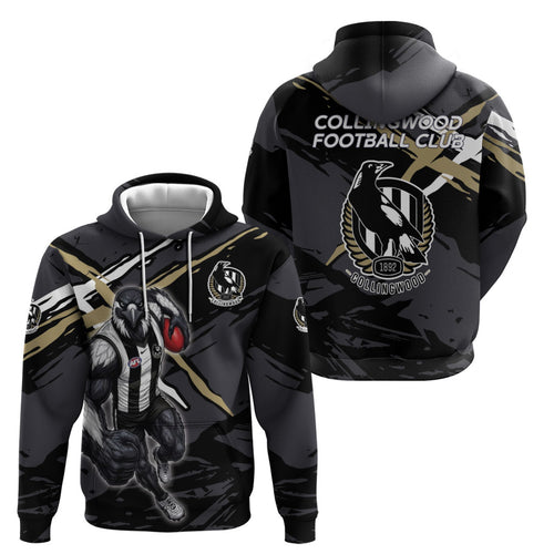 Collingwood Football Club Zip Hoodie Magpies Muscular Mascot Graphic - Abstract Paint Splatter Art