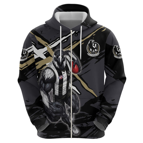 Collingwood Football Club Zip Hoodie Magpies Muscular Mascot Graphic - Abstract Paint Splatter Art
