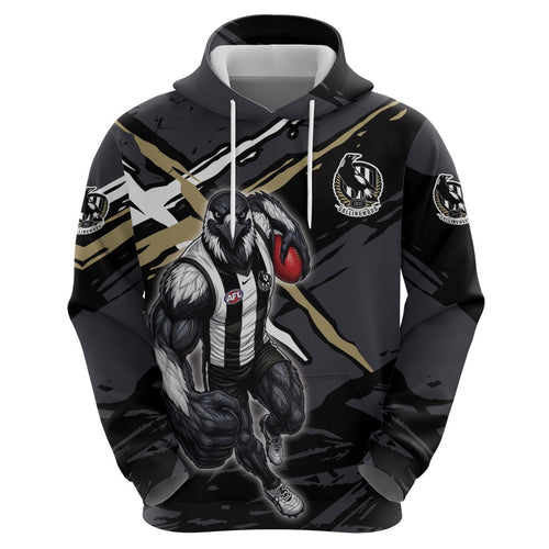 Collingwood Football Club Zip Hoodie Magpies Muscular Mascot Graphic - Abstract Paint Splatter Art