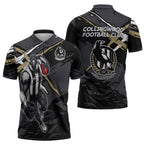 Collingwood Football Club Zipper Polo Shirt Magpies Muscular Mascot Graphic - Abstract Paint Splatter Art