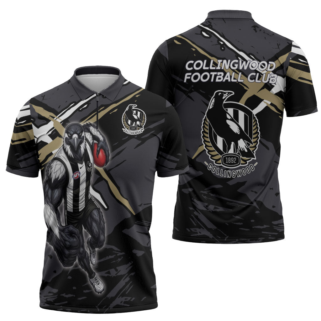 Collingwood Football Club Zipper Polo Shirt Magpies Muscular Mascot Graphic - Abstract Paint Splatter Art