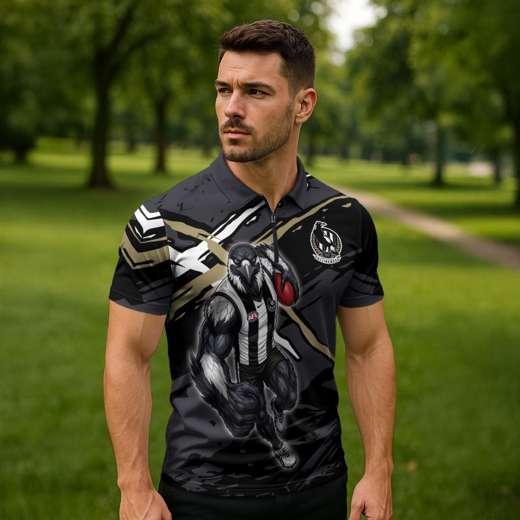Collingwood Football Club Zipper Polo Shirt Magpies Muscular Mascot Graphic - Abstract Paint Splatter Art