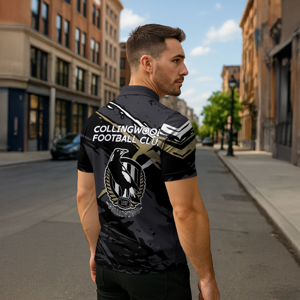 Collingwood Football Club Zipper Polo Shirt Magpies Muscular Mascot Graphic - Abstract Paint Splatter Art