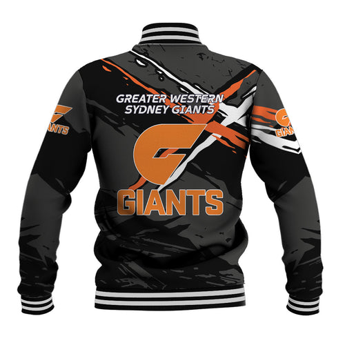 Greater Western Sydney Giants Baseball Jacket Orange Muscular Mascot Graphic - Abstract Paint Splatter Art