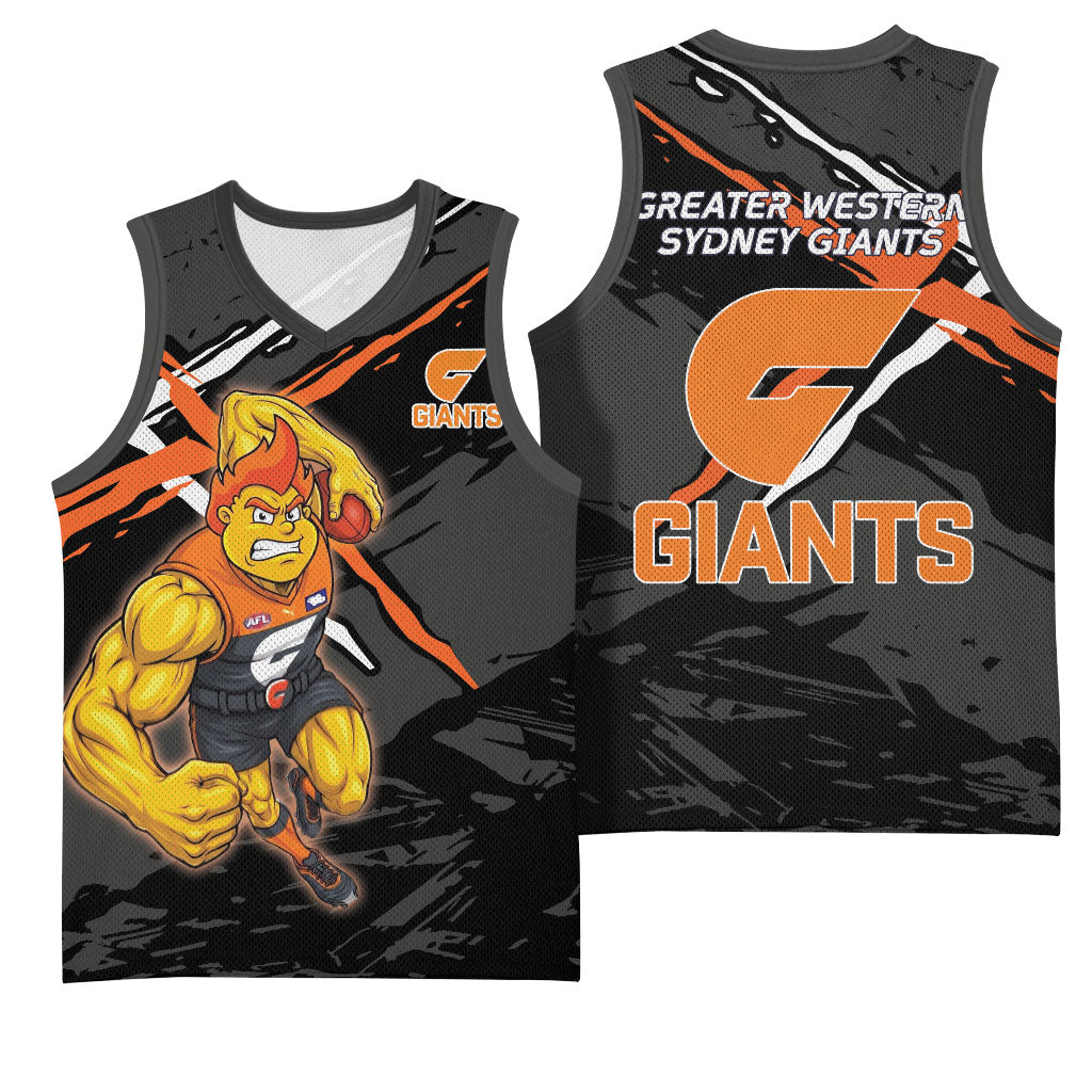 Greater Western Sydney Giants Basketball Jersey Orange Muscular Mascot Graphic - Abstract Paint Splatter Art