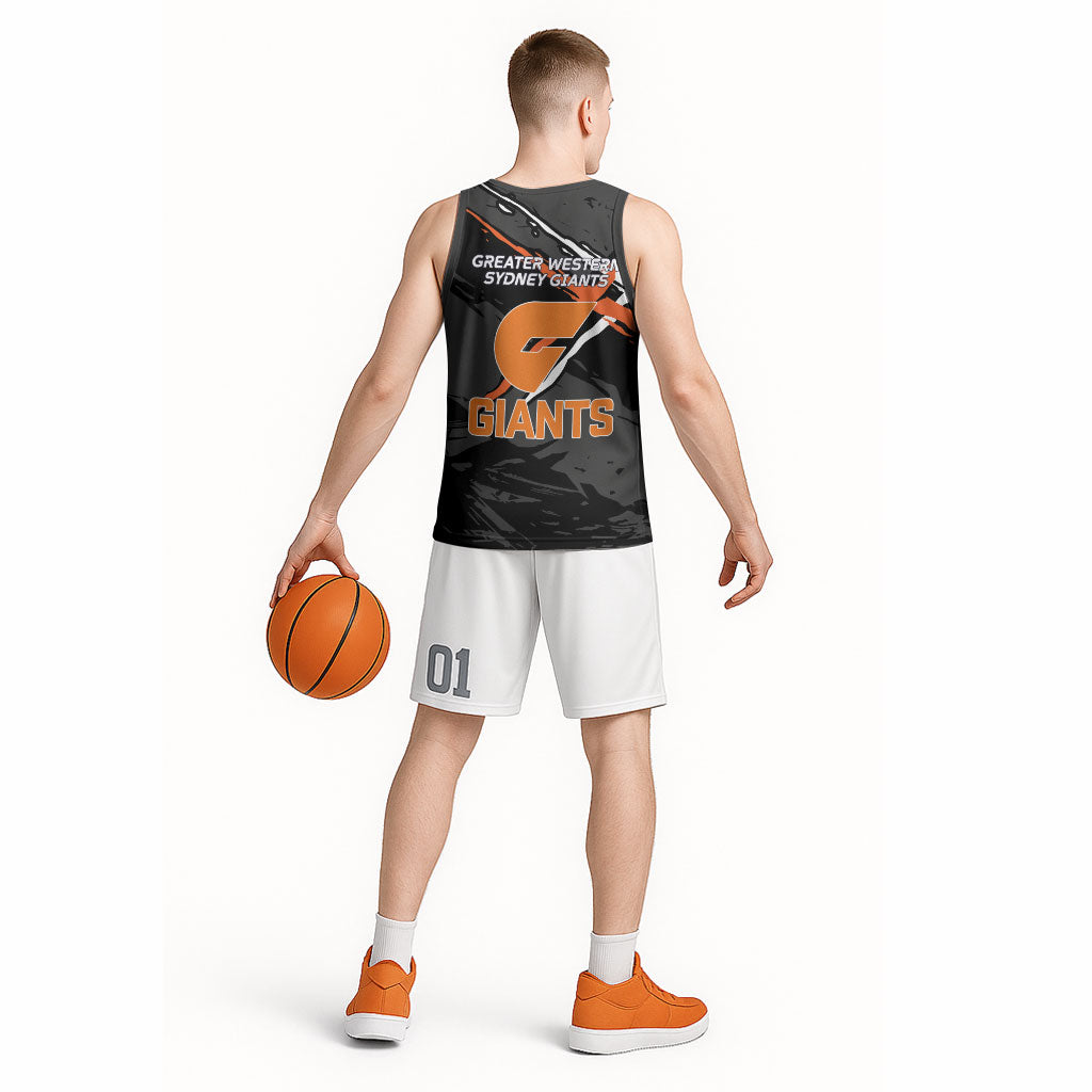 Greater Western Sydney Giants Basketball Jersey Orange Muscular Mascot Graphic - Abstract Paint Splatter Art