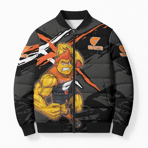 Greater Western Sydney Giants Bomber Puffer Jacket Orange Muscular Mascot Graphic - Abstract Paint Splatter Art