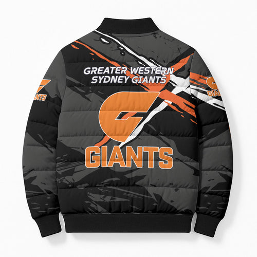Greater Western Sydney Giants Bomber Puffer Jacket Orange Muscular Mascot Graphic - Abstract Paint Splatter Art