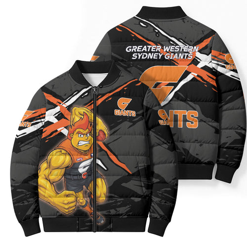 Greater Western Sydney Giants Bomber Puffer Jacket Orange Muscular Mascot Graphic - Abstract Paint Splatter Art
