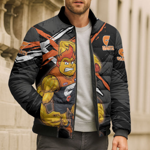 Greater Western Sydney Giants Bomber Puffer Jacket Orange Muscular Mascot Graphic - Abstract Paint Splatter Art